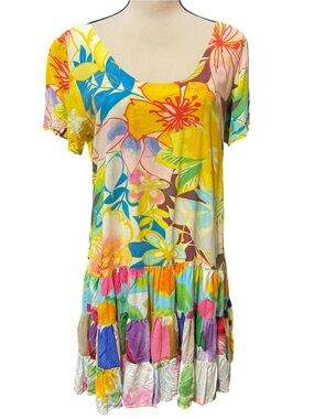 Jams World Vintage Bold Colorful Floral Drop Waist Summer Vacation Resort Dress